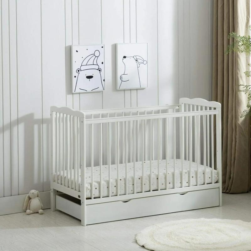 Baby Cot Crib with Water Repellent Mattress & Wheeled Drawer & Safety Wooden Barrier