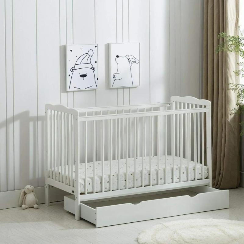 Baby Cot Crib with Water Repellent Mattress & Wheeled Drawer & Safety Wooden Barrier