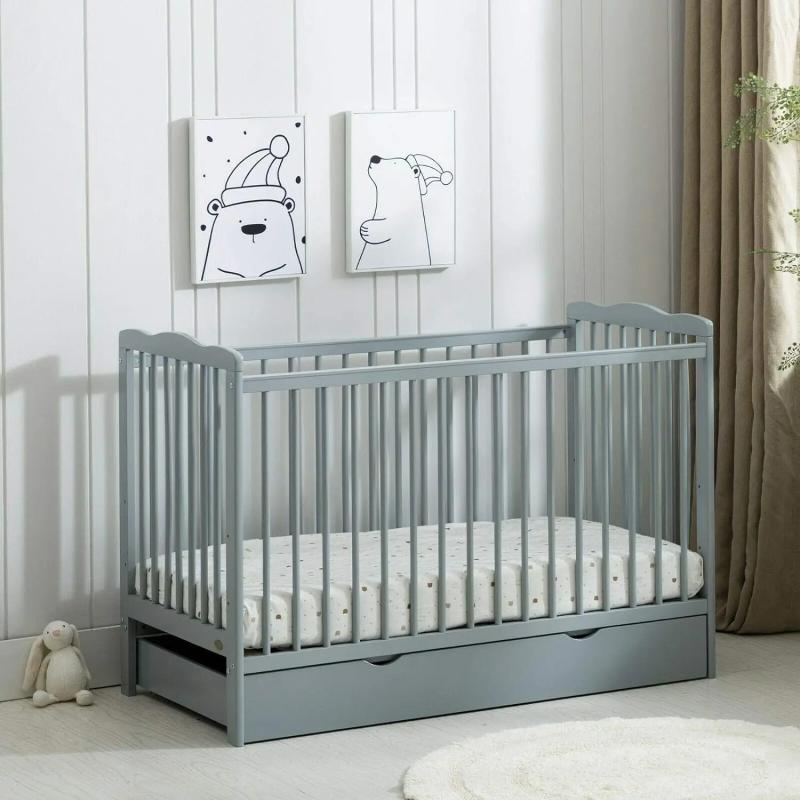 Baby Cot Crib with Water Repellent Mattress & Wheeled Drawer & Safety Wooden Barrier