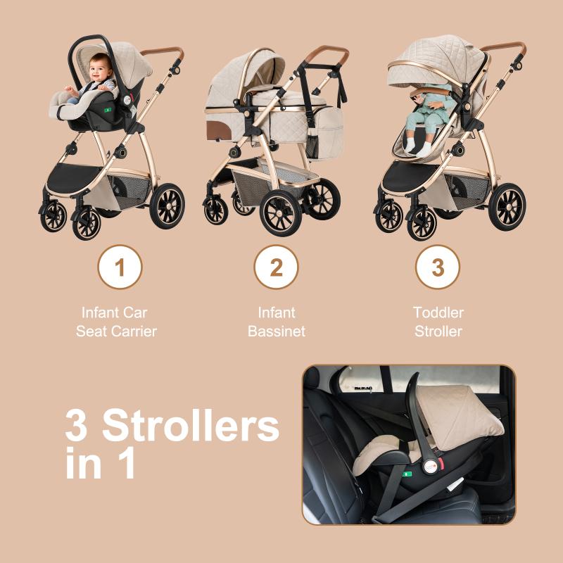 3 in 1 Prams Travel System, Pushchair with Height Adjustable Handle